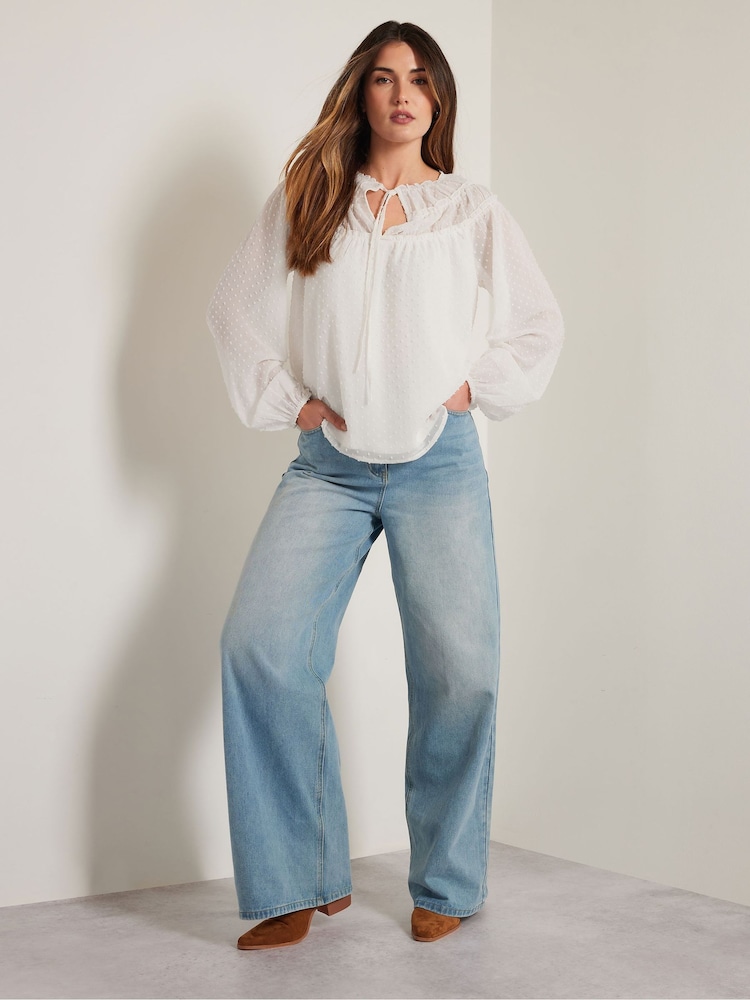 Long Tall Sally Natural Dobby Shirred Tie Blouse - Image 3 of 6