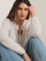 Long Tall Sally Natural Dobby Shirred Tie Blouse - Image 5 of 6