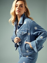 Yours Curve Blue Limited Daisy Denim Jacket - Image 2 of 5