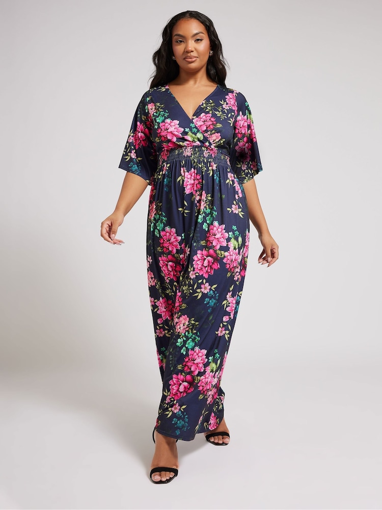 Yours Curve Blue London Floral Angel Sleeve Maxi Dress - Image 1 of 5