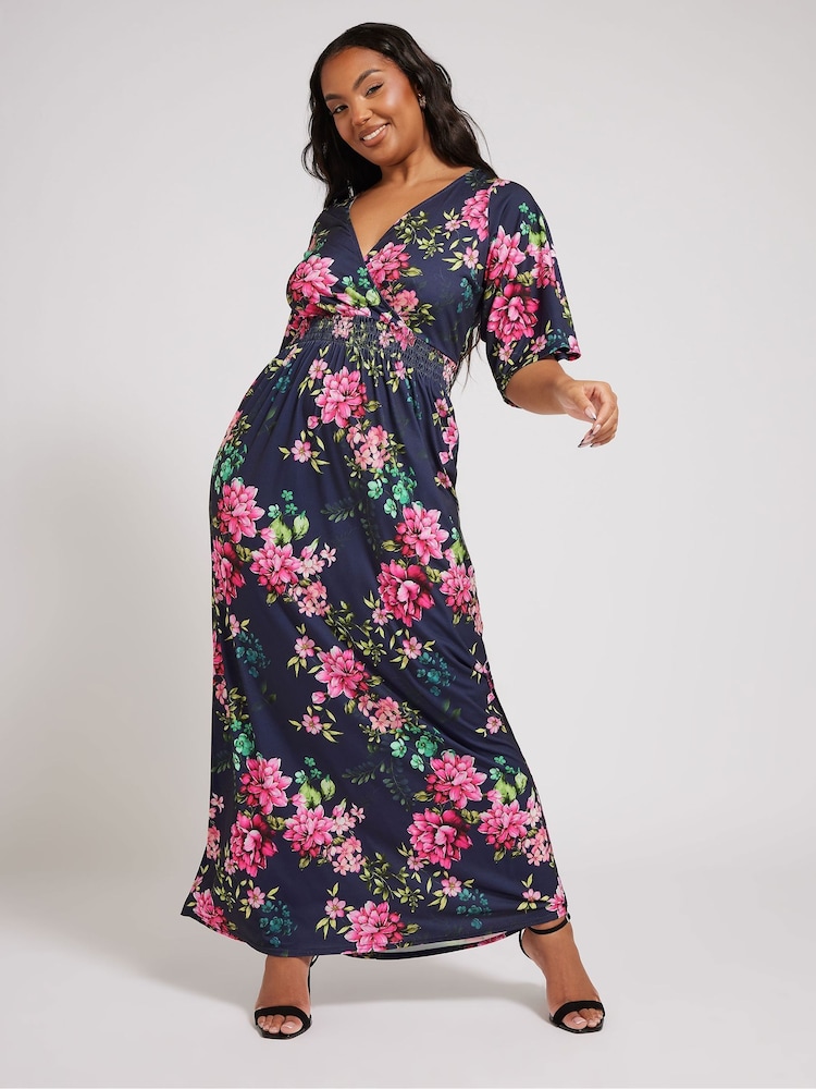 Yours Curve Blue London Floral Angel Sleeve Maxi Dress - Image 2 of 5