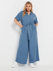 Yours Curve Blue Chambray Wide Leg Jumpsuit - Image 1 of 5