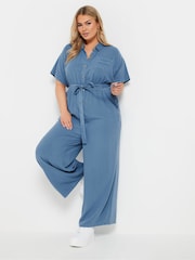 Yours Curve Blue Chambray Wide Leg Jumpsuit - Image 2 of 5