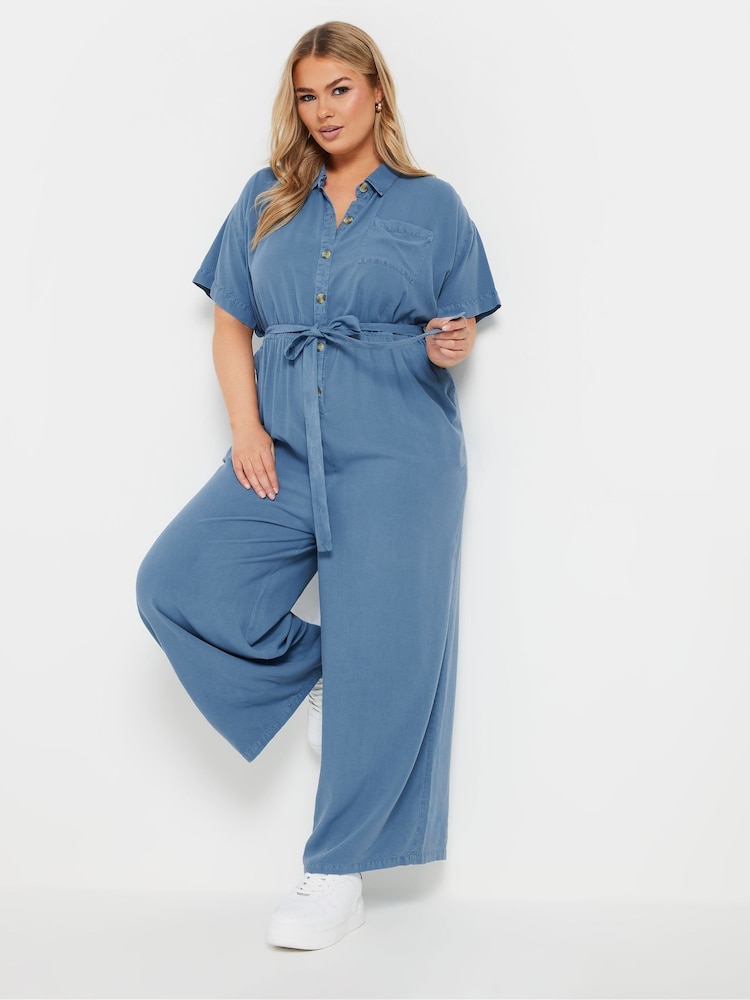 Yours Curve Blue Chambray Wide Leg Jumpsuit - Image 2 of 5