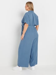 Yours Curve Blue Chambray Wide Leg Jumpsuit - Image 3 of 5