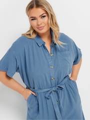 Yours Curve Blue Chambray Wide Leg Jumpsuit - Image 4 of 5