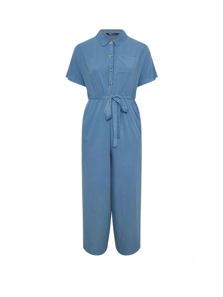 Yours Curve Blue Chambray Wide Leg Jumpsuit - Image 5 of 5