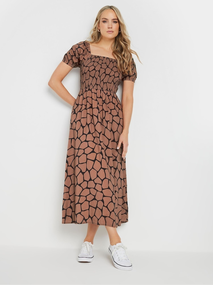 Long Tall Sally Brown Giraffe Shirred Midi Dress - Image 1 of 4