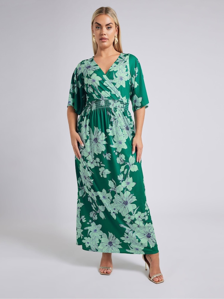 Yours Curve Green London Floral Angel Sleeve Maxi Dress - Image 1 of 6