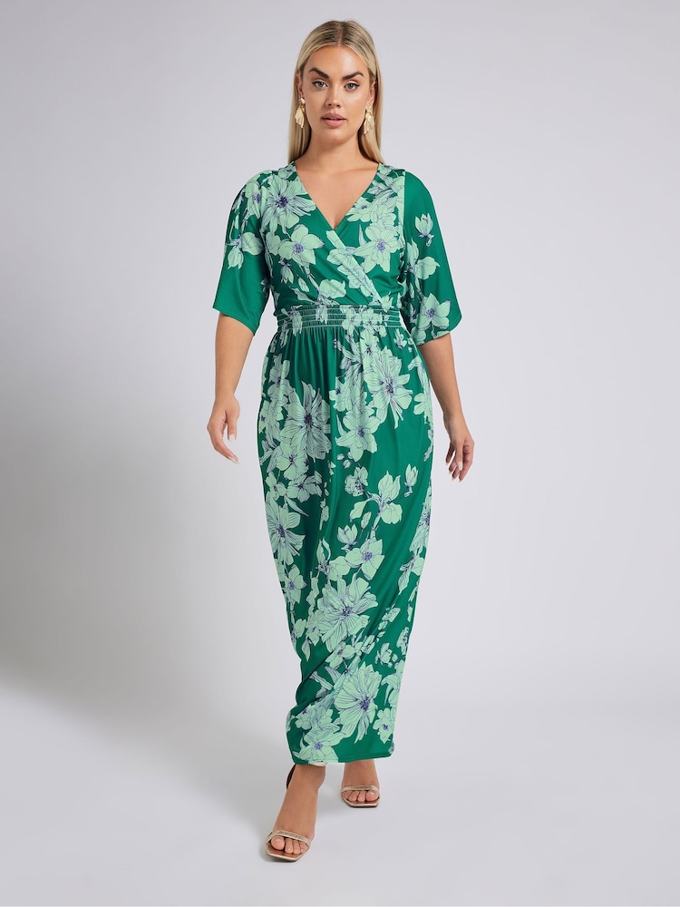 Yours Curve Green London Floral Angel Sleeve Maxi Dress - Image 2 of 6