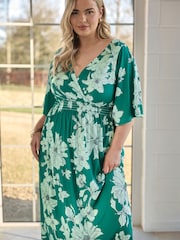Yours Curve Green London Floral Angel Sleeve Maxi Dress - Image 4 of 6