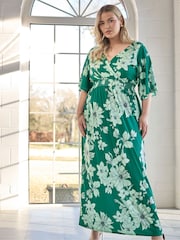 Yours Curve Green London Floral Angel Sleeve Maxi Dress - Image 5 of 6