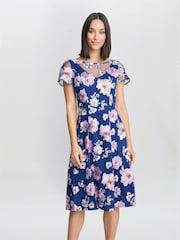 Gina Bacconi Blue Mylene Embroidered Floral A-Line Midi Dress - Image 1 of 4