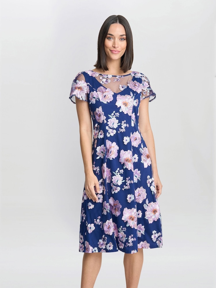 Gina Bacconi Blue Mylene Embroidered Floral A-Line Midi Dress - Imagen 1 de 4 Gina Bacconi Blue Mylene Embroidered Floral A-Line Midi Dress - Imagen 1 de 4