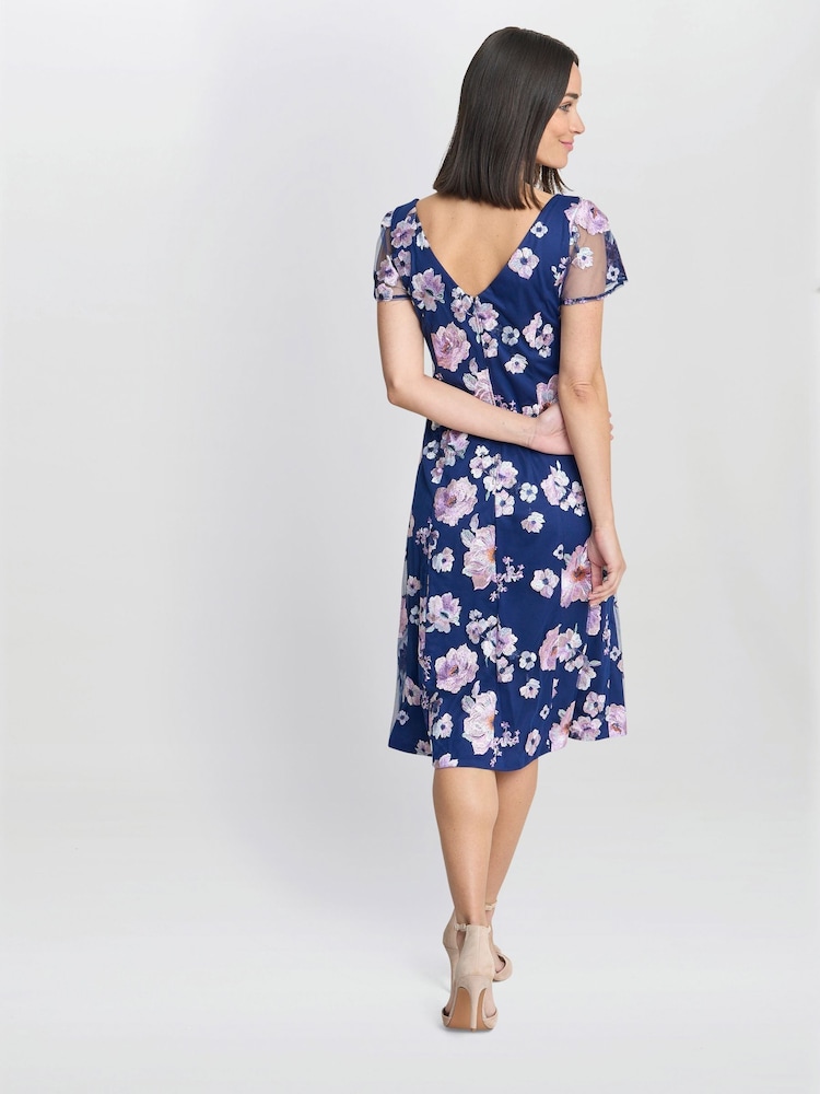 Gina Bacconi Blue Mylene Embroidered Floral A-Line Midi Dress - Image 2 of 4
