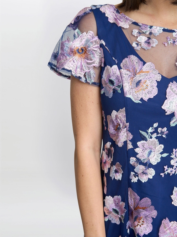 Gina Bacconi Blue Mylene Embroidered Floral A-Line Midi Dress - Image 4 of 4