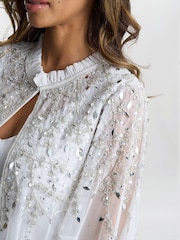 Gina Bacconi Silver Monica Beaded Jacket With Stand Frill Neck And Butterfly Sleeve - Image 3 of 5