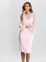 Gina Bacconi Pink Pippa Beaded Jacket With Fluted 3/4 Sleeve And Crepe Shift Dress - Image 1 of 5
