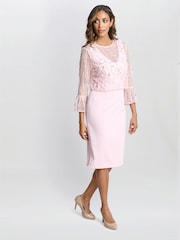 Gina Bacconi Pink Pippa Beaded Jacket With Fluted 3/4 Sleeve And Crepe Shift Dress - Image 3 of 5