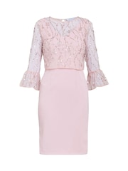 Gina Bacconi Pink Pippa Beaded Jacket With Fluted 3/4 Sleeve And Crepe Shift Dress - Image 5 of 5