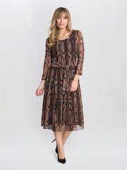 Gina Bacconi Anya Snake Print Long Sleeve Mesh Brown Dress - Image 1 of 5