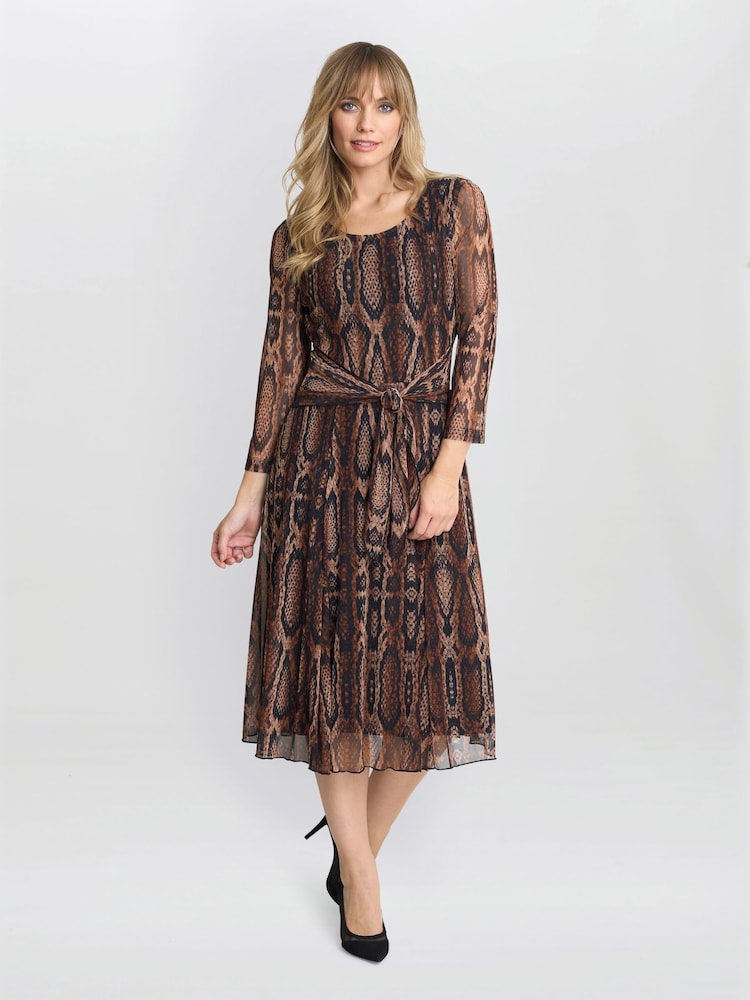 Gina Bacconi Anya Snake Print Long Sleeve Mesh Brown Dress - Image 1 of 5