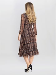Gina Bacconi Anya Snake Print Long Sleeve Mesh Brown Dress - Image 2 of 5