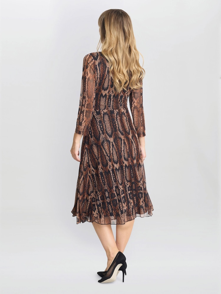 Gina Bacconi Anya Snake Print Long Sleeve Mesh Brown Dress - Image 2 of 5