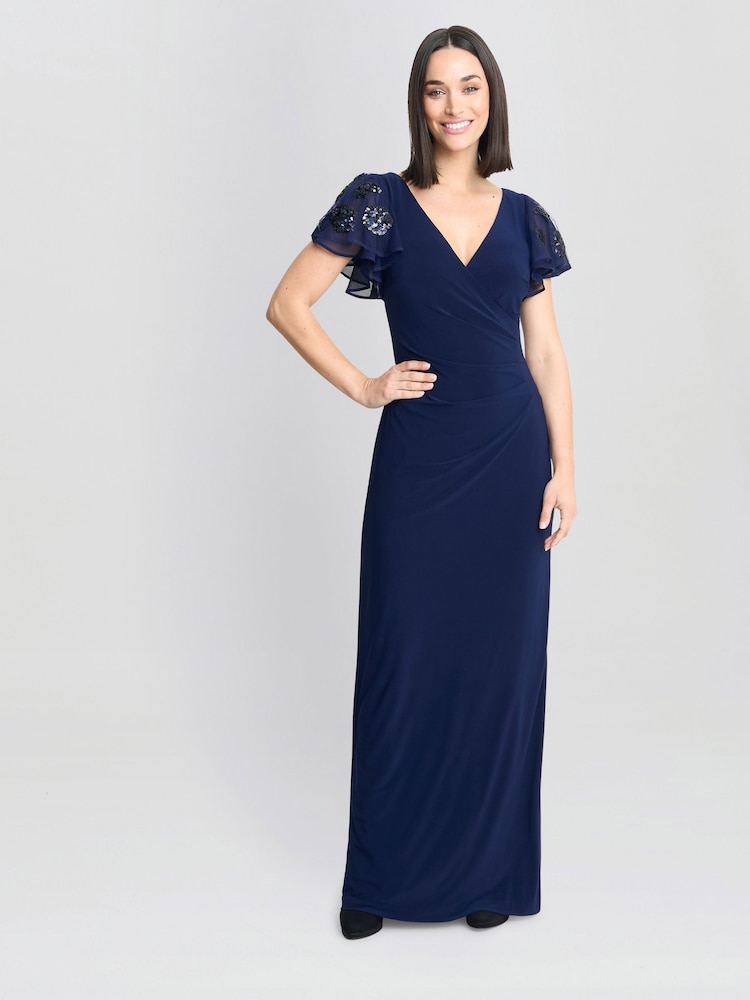 Gina Bacconi Blue Nicolette Jersey V-Neck Maxi Dress With Sequin Sleeve - Image 1 of 6
