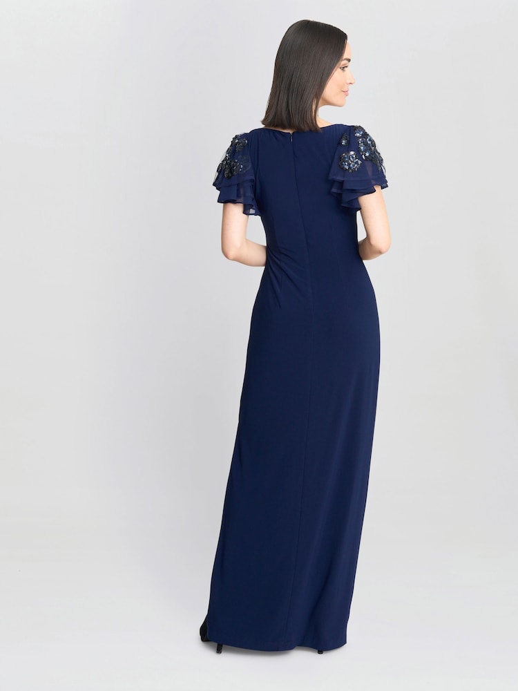 Gina Bacconi Blue Nicolette Jersey V-Neck Maxi Dress With Sequin Sleeve - Image 2 of 6