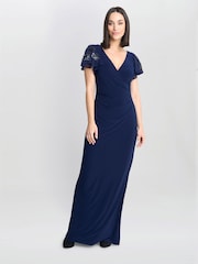 Gina Bacconi Blue Nicolette Jersey V-Neck Maxi Dress With Sequin Sleeve - Image 3 of 6