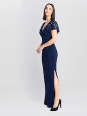 Gina Bacconi Blue Nicolette Jersey V-Neck Maxi Dress With Sequin Sleeve - Image 5 of 6