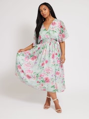 Yours Curve Green London Metallic Spot Shirred Dress - Image 1 of 5