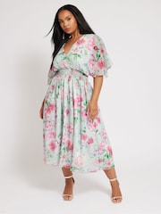 Yours Curve Green London Metallic Spot Shirred Dress - Image 2 of 5