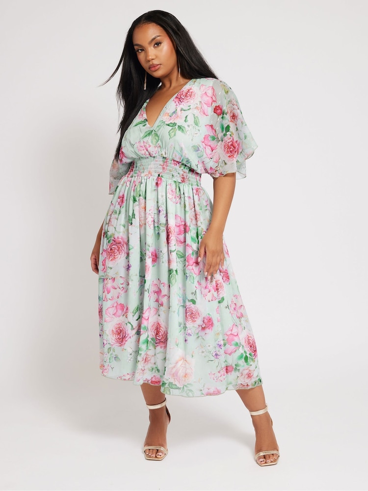 Yours Curve Green London Metallic Spot Shirred Dress - Image 2 of 5