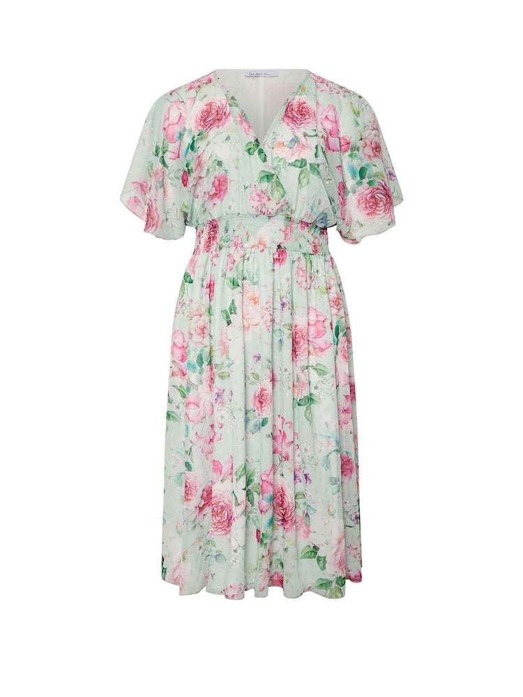 Yours Curve Green London Metallic Spot Shirred Dress - Image 5 of 5