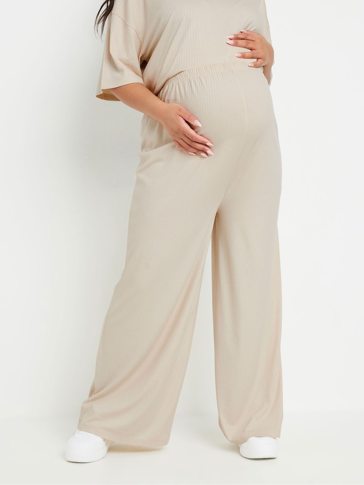 Yours Curve Natural Maternity Ribbed Wide Leg Trousers - Image 1 of 5
