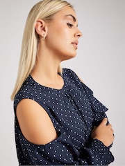 Yours Curve Blue London Spotted Cold Shoulder Blouse - Image 4 of 5