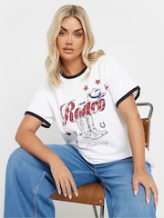 Yours Curve White 100% Cotton Placement Ringer Rodeo Cowboy T-Shirt - Image 1 of 5
