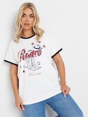 Yours Curve White 100% Cotton Placement Ringer Rodeo Cowboy T-Shirt - Image 2 of 5
