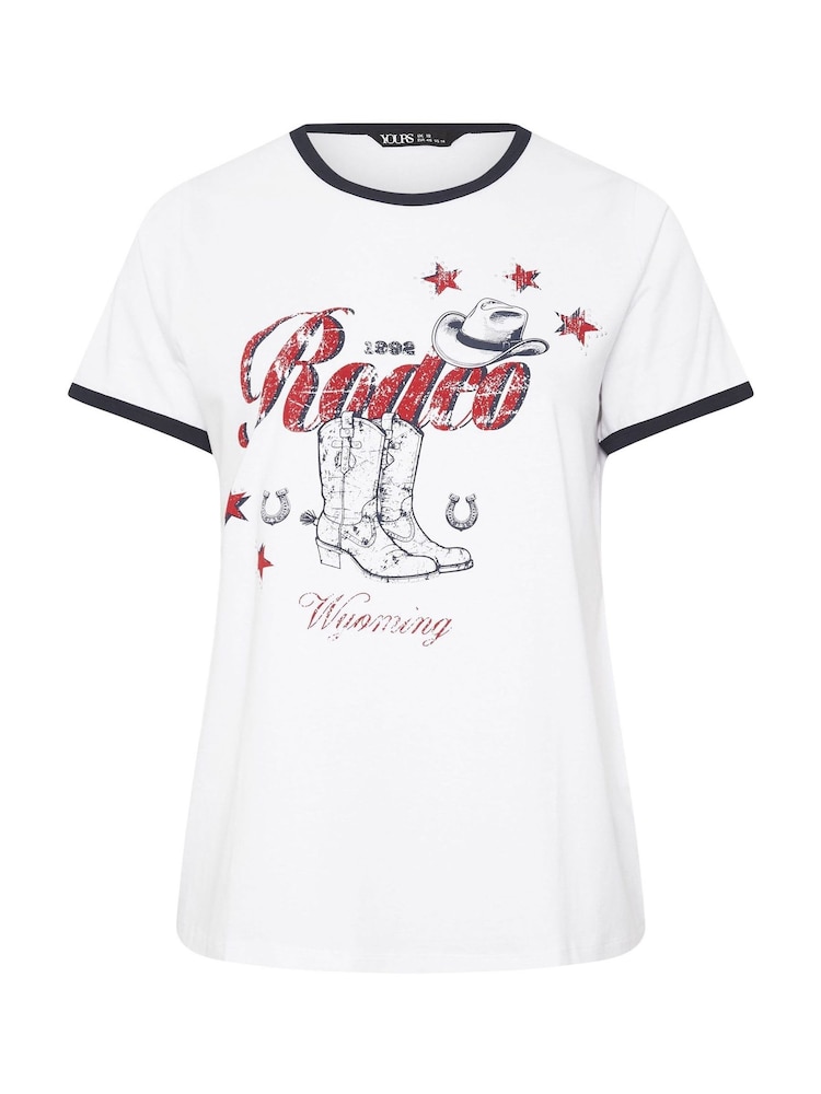 Yours Curve White 100% Cotton Placement Ringer Rodeo Cowboy T-Shirt - Image 5 of 5
