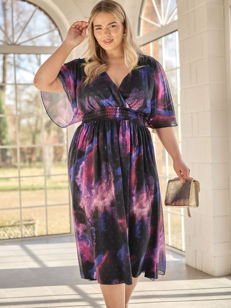 Purple - Yours Curve London Metallic Spot Shirred Dress - Image 1 of 6 Purple - Yours Curve London Metallic Spot Shirred Dress - Image 1 of 6