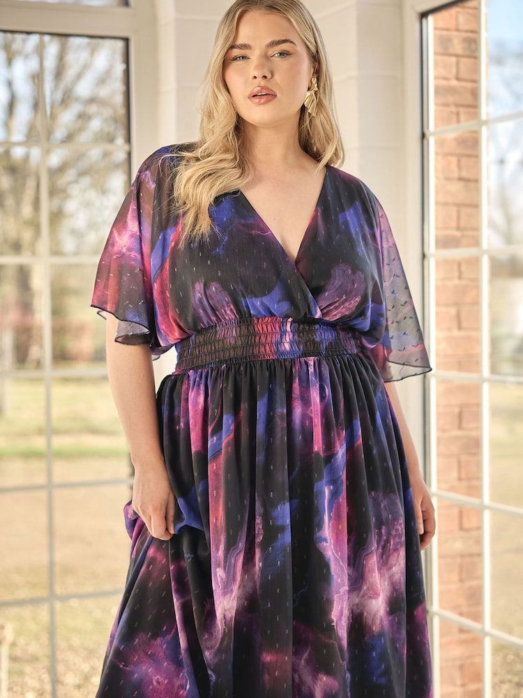 Purple - Yours Curve London Metallic Spot Shirred Dress - Image 2 of 6 Purple - Yours Curve London Metallic Spot Shirred Dress - Image 2 of 6