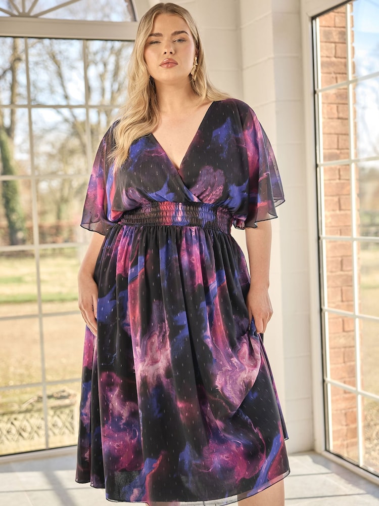 Yours Curve Purple London Metallic Spot Shirred Dress - Image 3 of 6