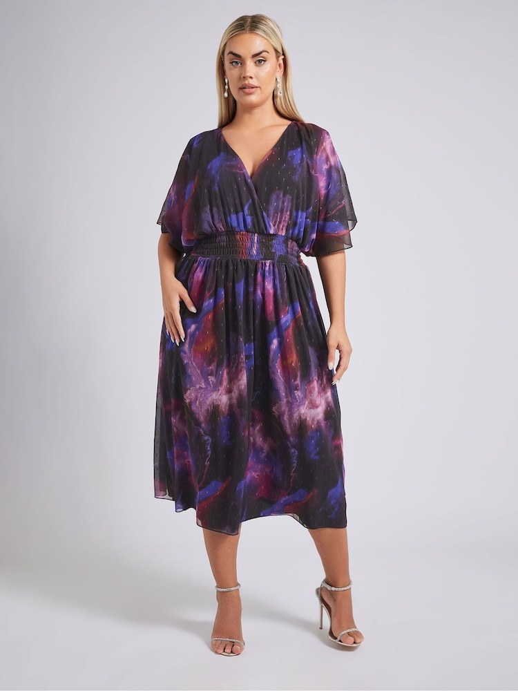 Yours Curve Purple London Metallic Spot Shirred Dress - Image 4 of 6