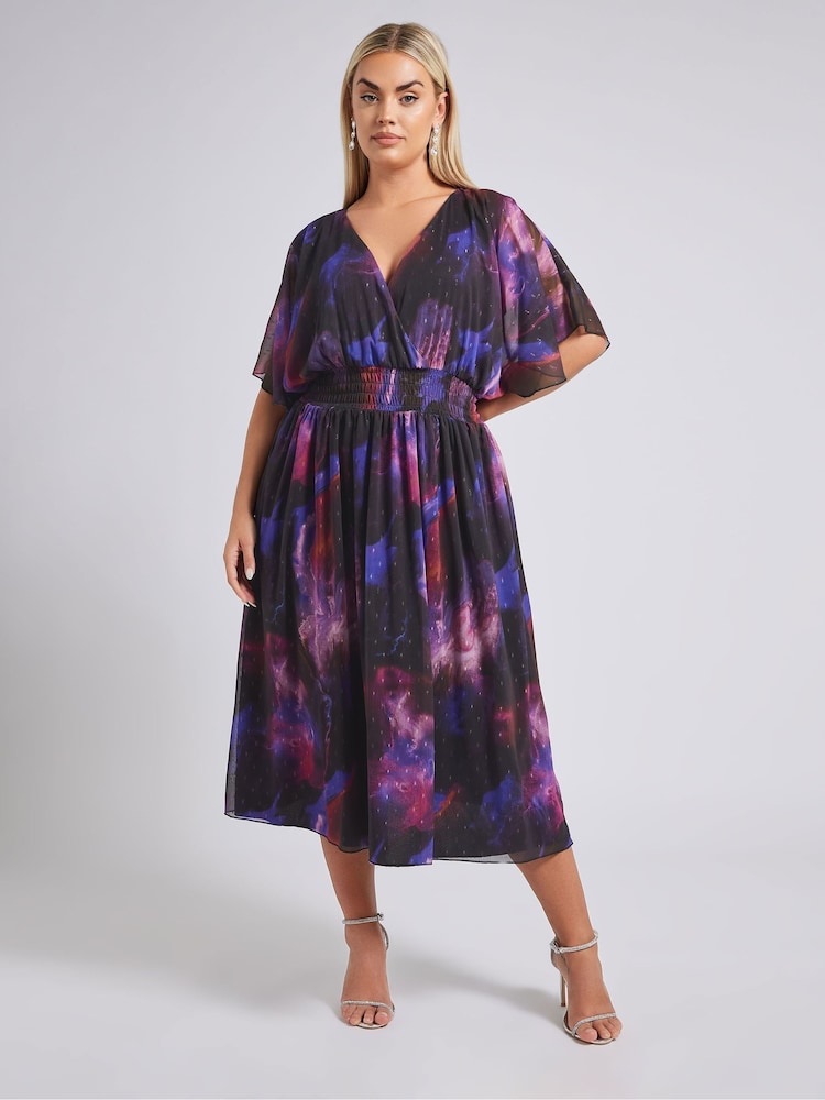 Yours Curve Purple London Metallic Spot Shirred Dress - Image 5 of 6