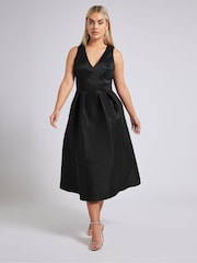 Yours Curve Black London V-Neck Pleated Dress With Pockets - Image 4 of 6