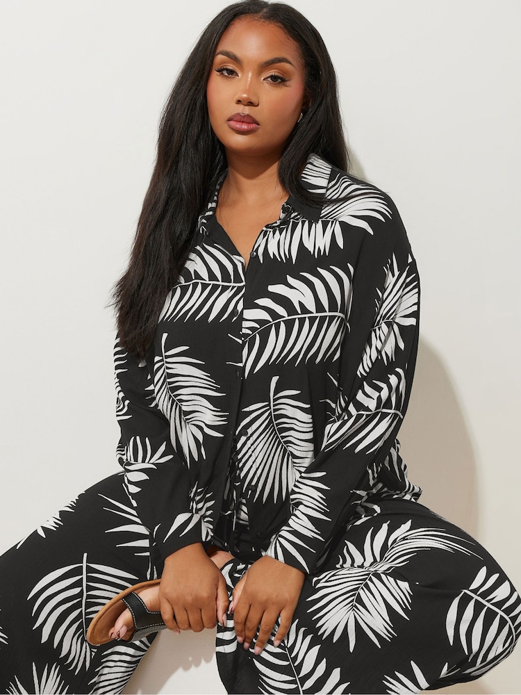 Yours Curve Black Long Sleeve Crinkle Co-ord Shirt - Image 1 of 5 Yours Curve Black Long Sleeve Crinkle Co-ord Shirt - Image 1 of 5