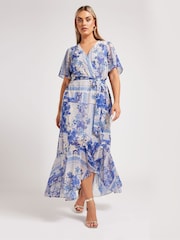 Yours Curve Blue London Scarf Print Wrap Ruffle Dress - Image 1 of 4
