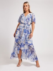 Yours Curve Blue London Scarf Print Wrap Ruffle Dress - Image 2 of 4